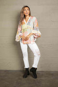 Double Take Printed Lace Trim Buttoned Blouse