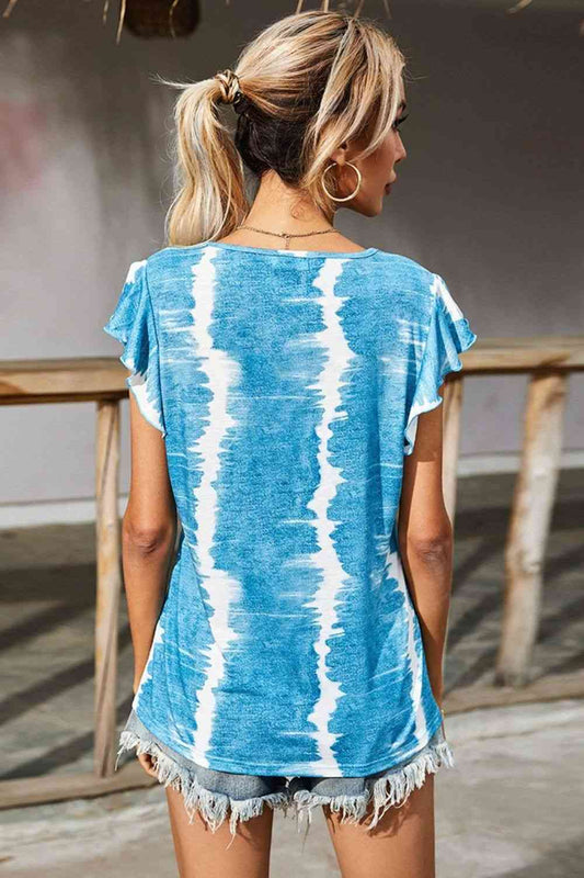 Tie-Dye Buttoned Flutter Sleeve Blouse