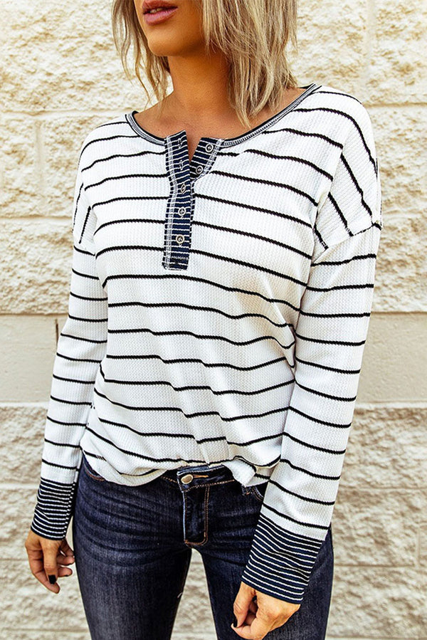 Striped Waffle Knit Henley Long Sleeve Top – Fashion Bug Online