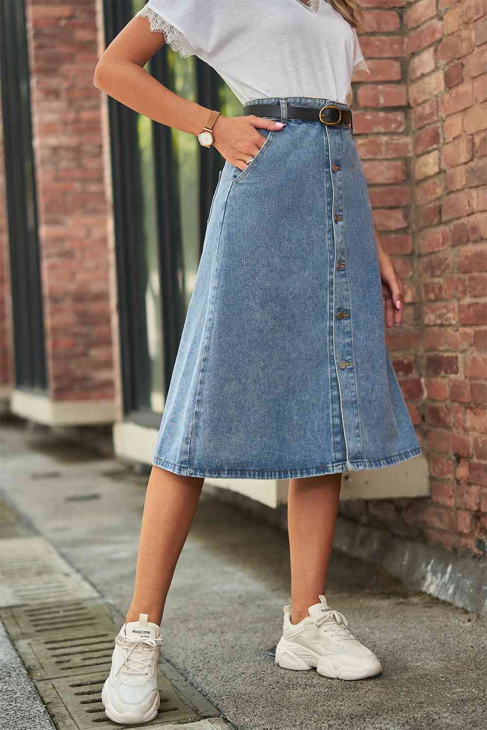 Button Front A-Line Denim Skirt