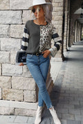 Leopard Striped Round Neck Long Sleeve Tee