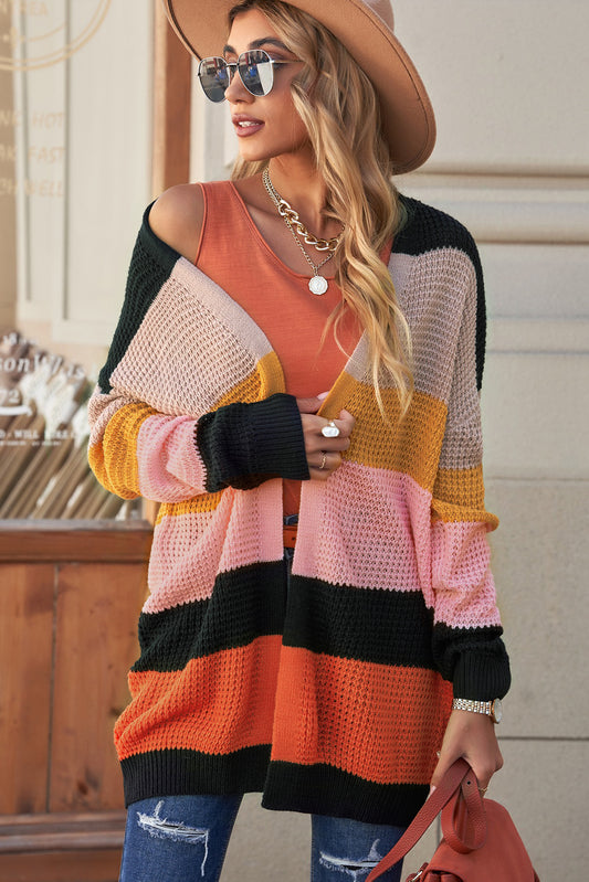 Striped Waffle Knit Open Front Cardigan