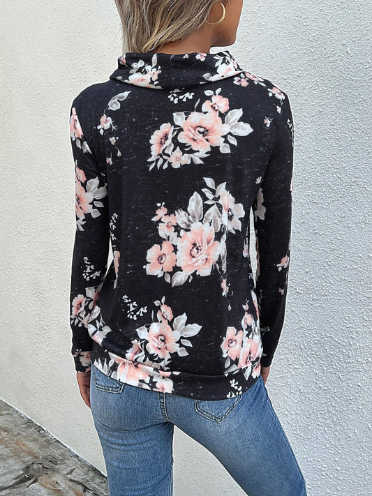 Floral Drawstring Cowl Neck Sweatshirt