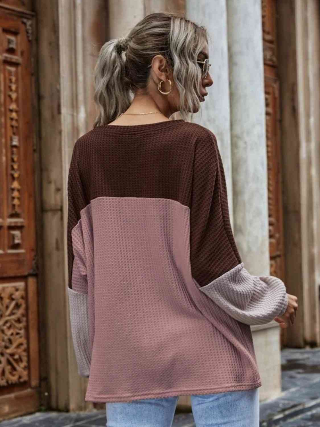 Color Block Waffle Knit Long Sleeve Top Fashion Bug Online