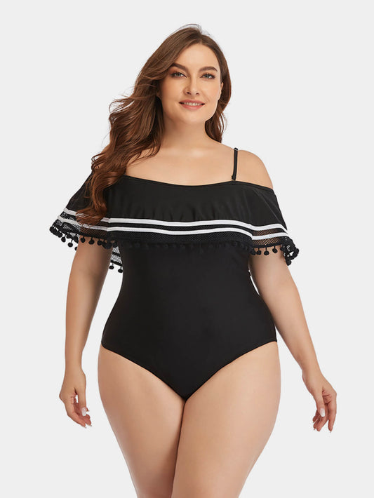 Plus Size Striped Cold-Shoulder One-Piece Swimsuit