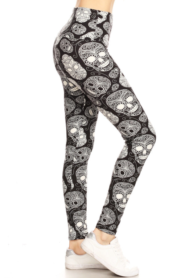 Long Yoga Style Banded Lined Skull Printed Knit Legging With High Waist