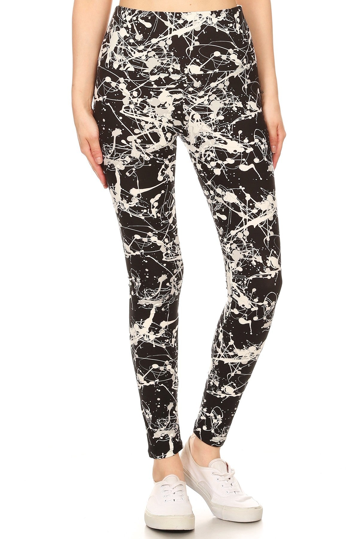 Long Yoga Style Banded Lined Paint Splatters Printed Knit Legging With High Waist