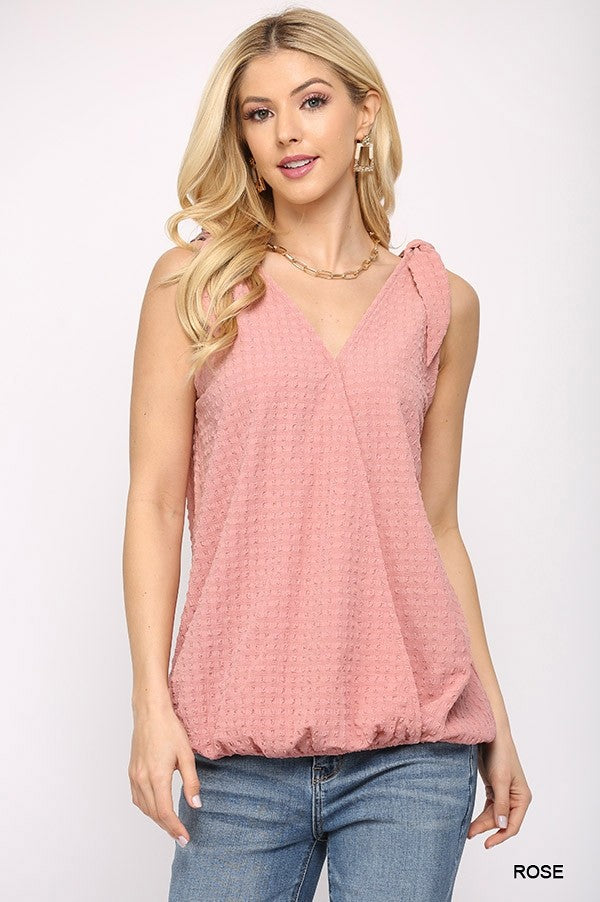 Solid Textured And Sleeveless Surplice Top With Shoulder Tie