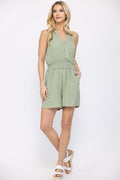 Textured Woven And Smocking Waist Romper With Back Open And Tie