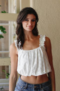 Embroidered Ruffle Trim Strap Sleeveless Crop Top