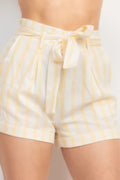 Tie-front Striped Crop Top & Belted Shorts Set