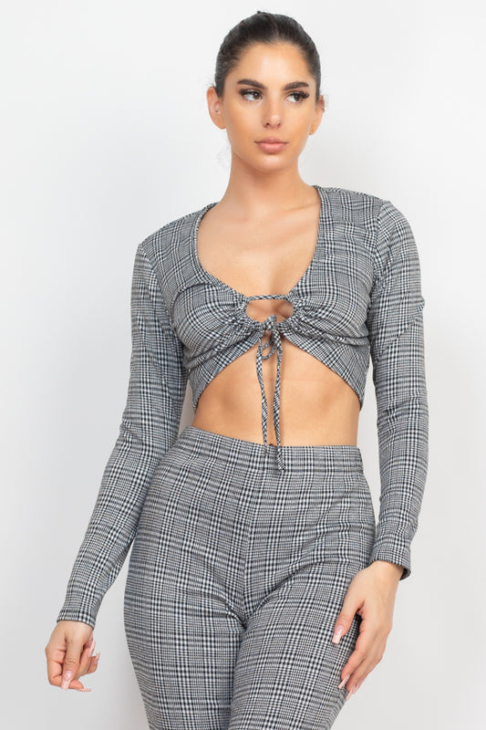 Plaid Cut-out Long Sleeve Top & Pants Set