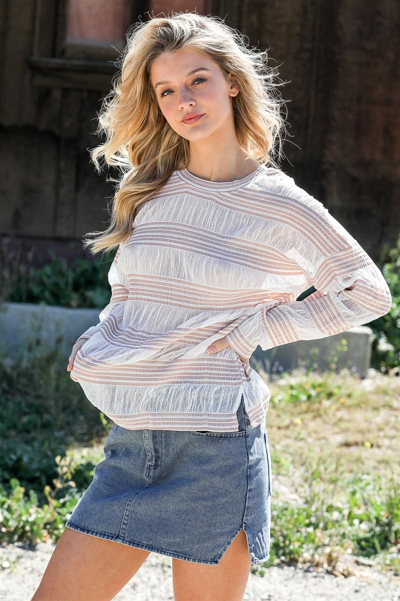 Crochet Stripe Long Sleeve Semi-sheer Top