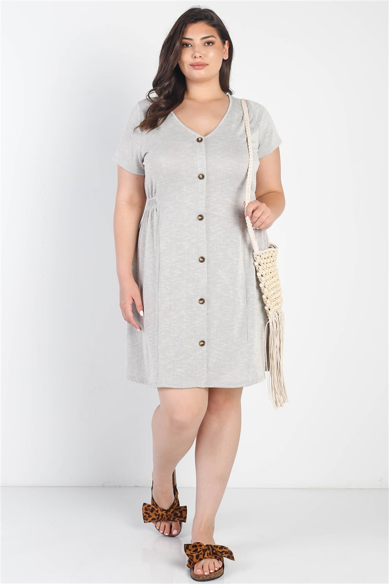 Plus Warm Grey Textured Button-up Short Sleeve Mini Dress