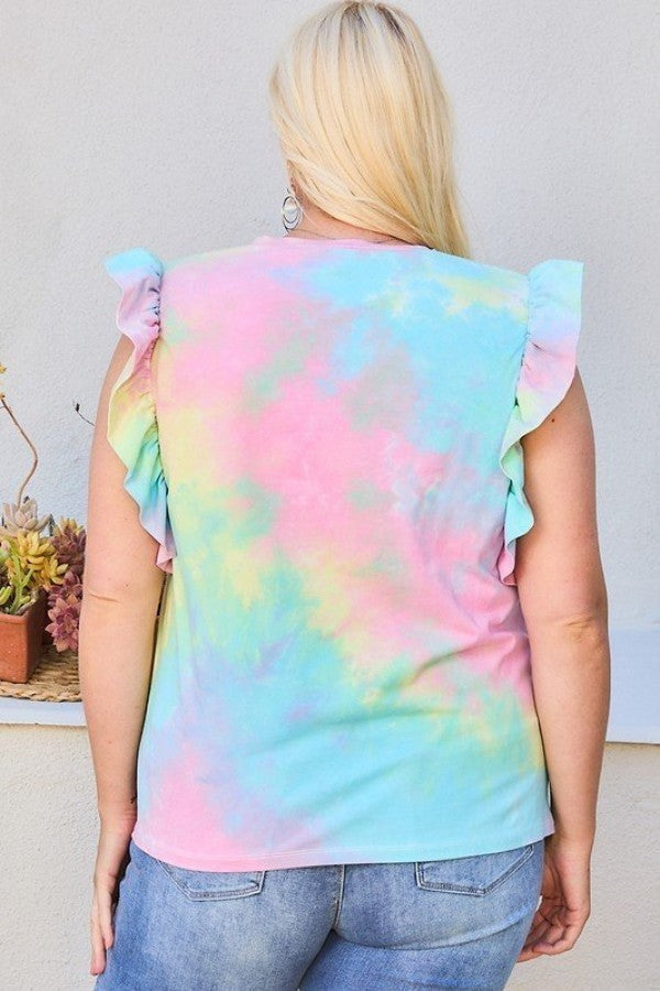 Plus Size Round Neck Ruffle Sleeve Front Pocket Tie Dye Knit Top