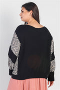 Plus Black Flannel Leopard Print Colorblock Dolman Sleeve Top