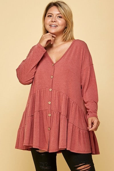 Plus Size Solid Long Sleeves Button Up Swing Tunic Top With Ruched Detail