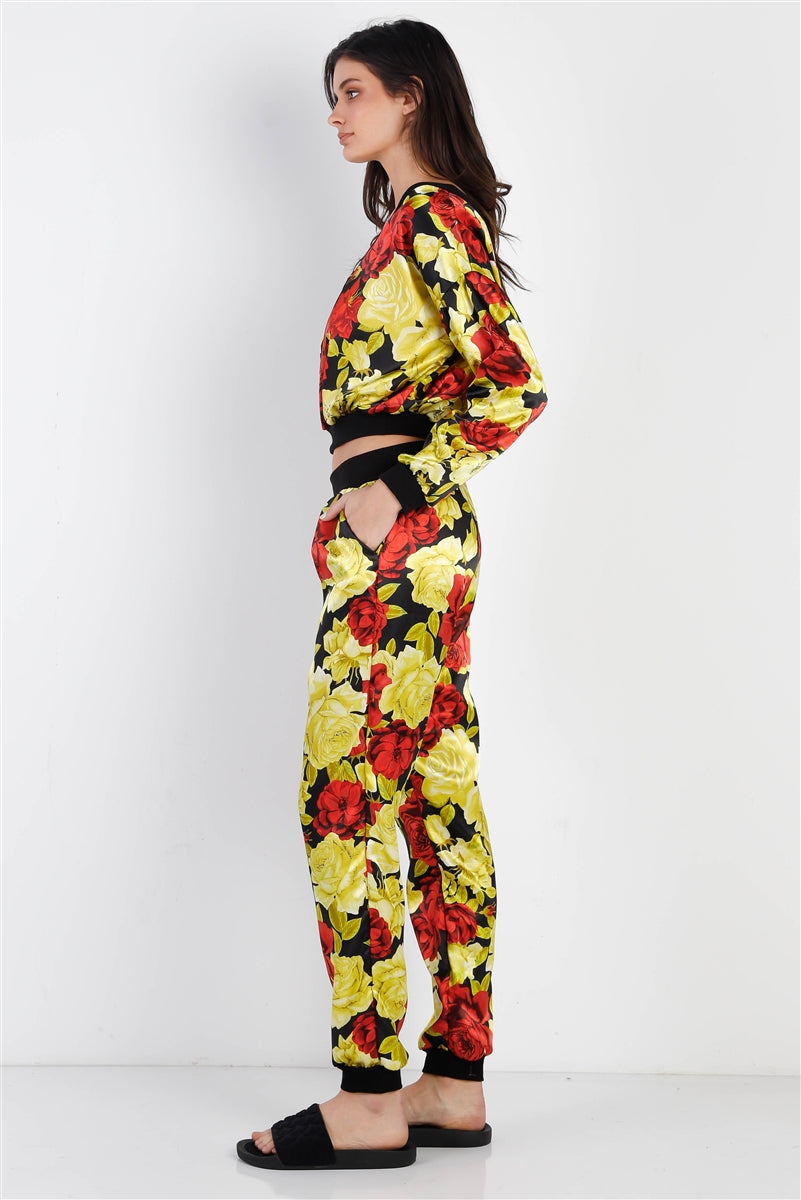 Black & Satin Effect Red & Lime Floral Print V-neck Top & Pants Set