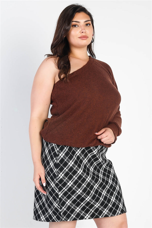 Plus Brown Ribbed Textured One Shoulder Top