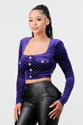 Lux Diamon Velvet Buttons Open Back Square Neck Long Sleeves Cropped Top
