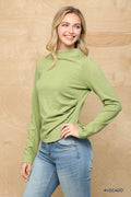 Solid And Cozy Soft Knit Mock Neck Top With Side Ruched Detail