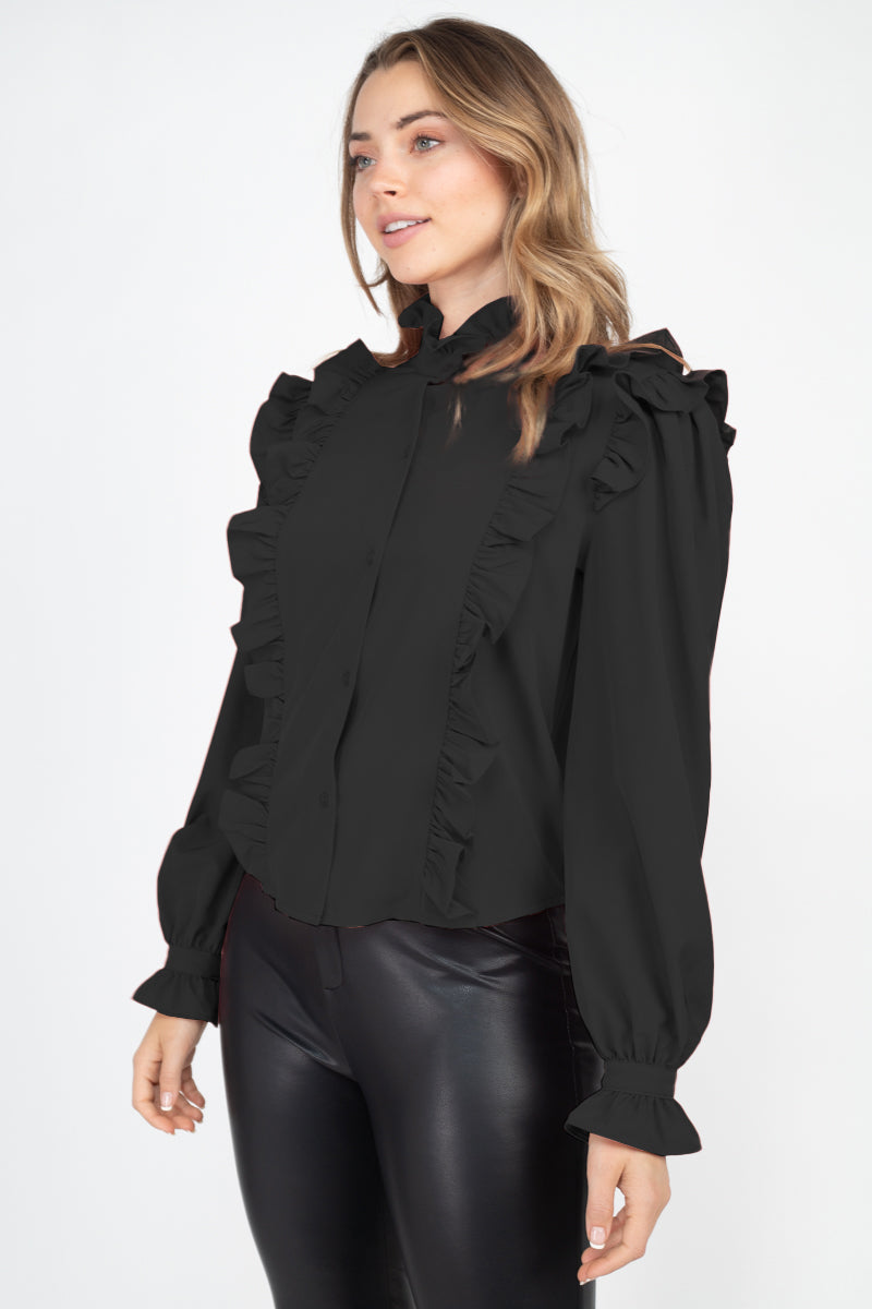 Mock Neck Ruffled Buttoned Top
