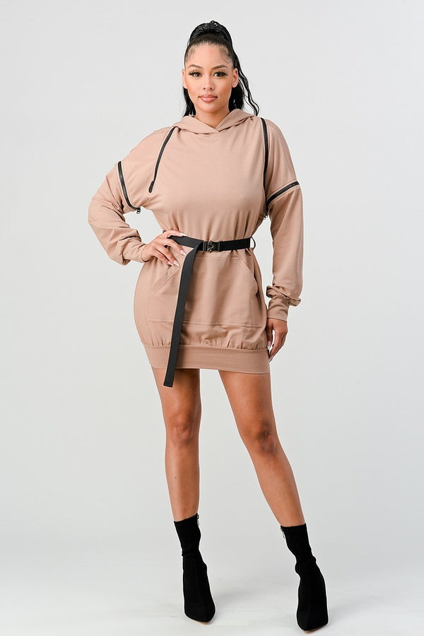 Double Zipper Long Sleeve Hooded Mini Dress