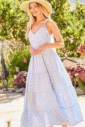 V-neck Tie Shoulder Strap Tier Stripe Print Maxi Oversize Dress