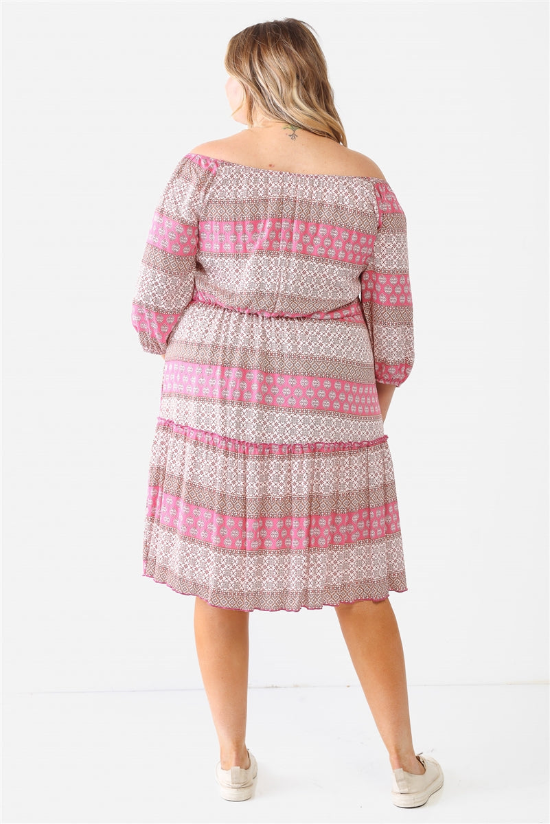 Plus Combo Printed Textured Ruffle Flare Hem Mini Dress