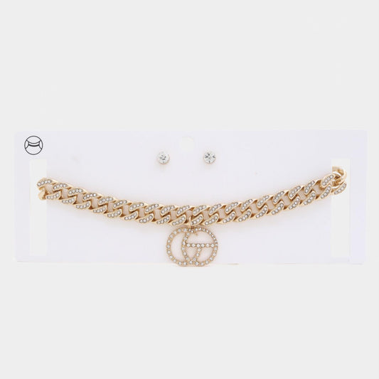 Double Circle Rhinestone Charm Curb Link Choker Necklace