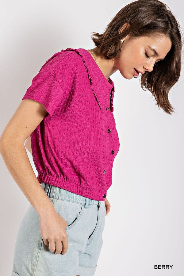 Peter pan collar textured knit button down top