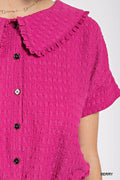 Peter pan collar textured knit button down top