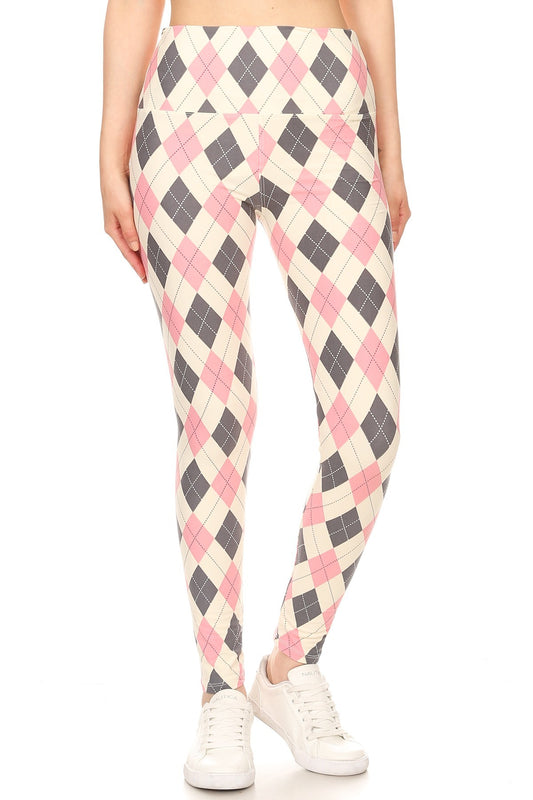 5-inch Long Yoga Style Banded Lined Argyle Printed Knit Legging With High Waist