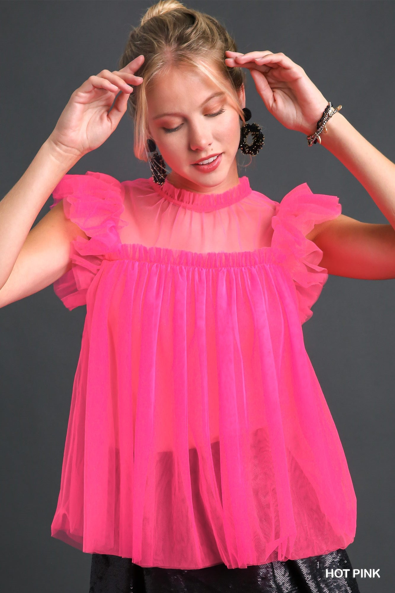 Mini Ruffle Mesh Tops Mesh Ruffle Sleeve & Round Neck Top – Fashion Bug Online