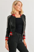 Black & Red Ribbed Vegan Leather Bomber Jacket