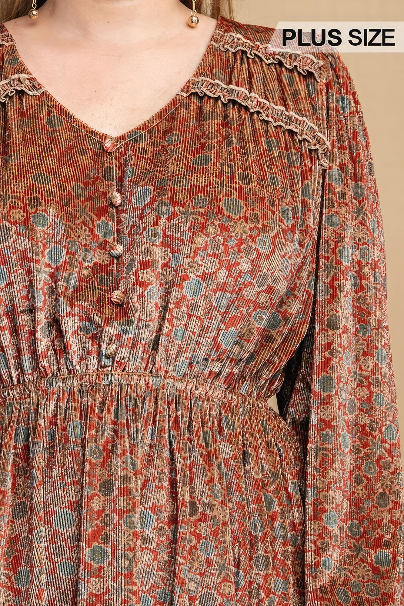 Printed Velvet V-neck Dress With Button Front Detail