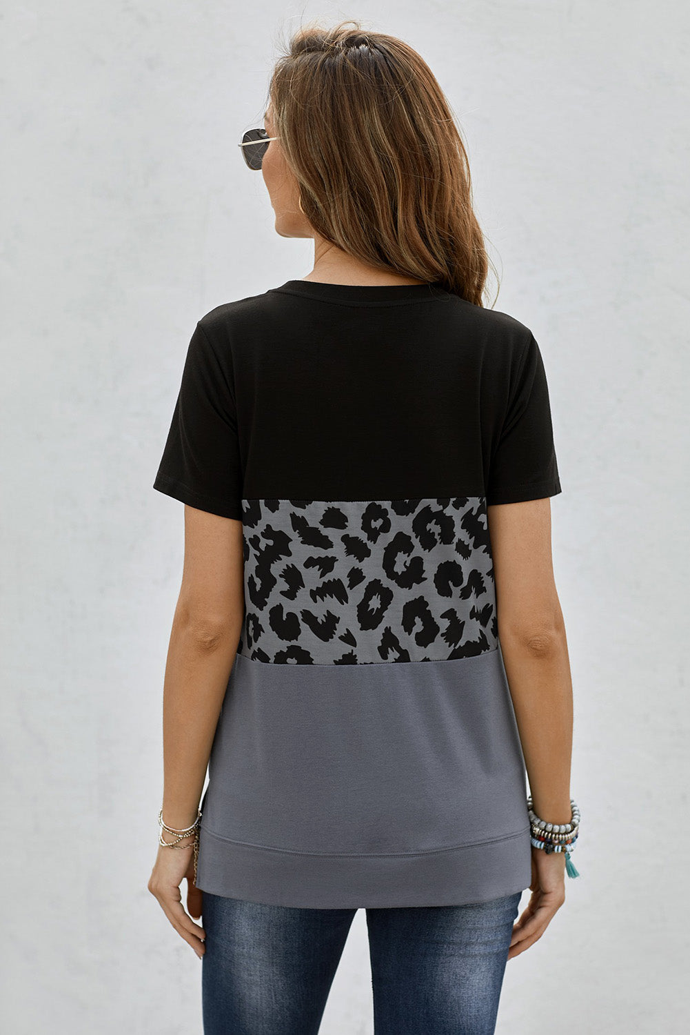 Leopard Print Color Block Short Sleeve T-Shirt