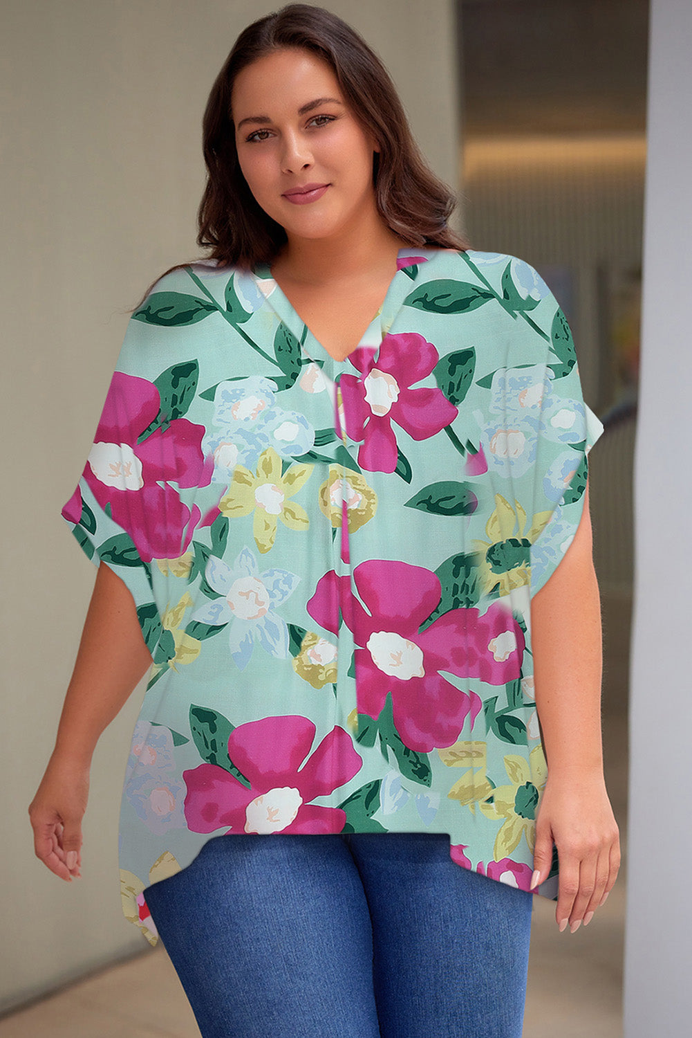 Plus Size Printed Notched Neck Half Sleeve Top