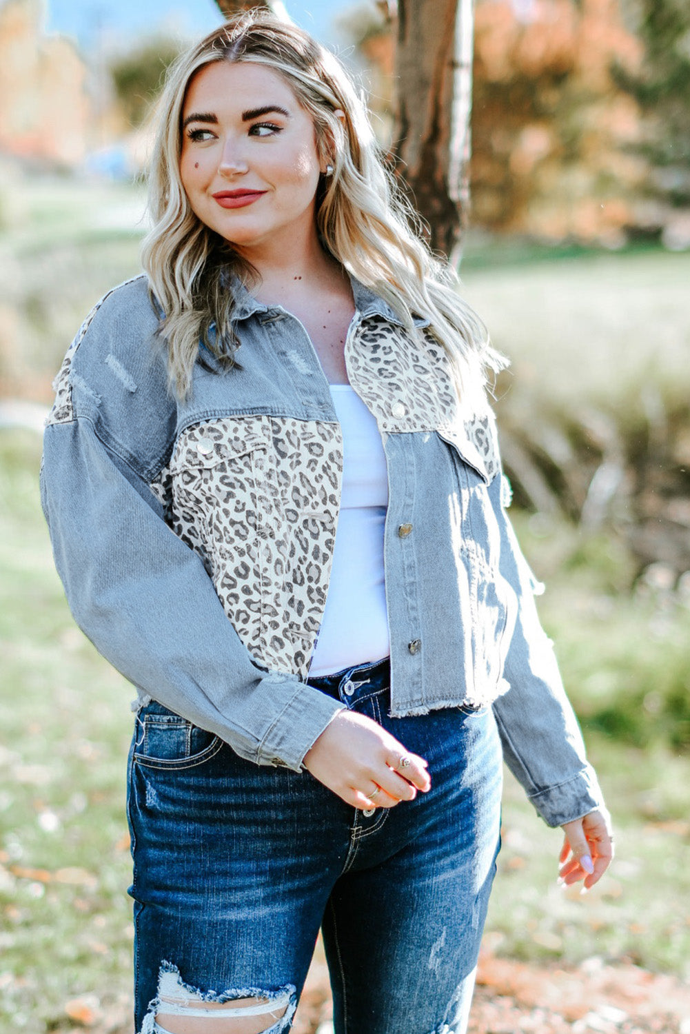 Plus size leopard shop print denim jacket