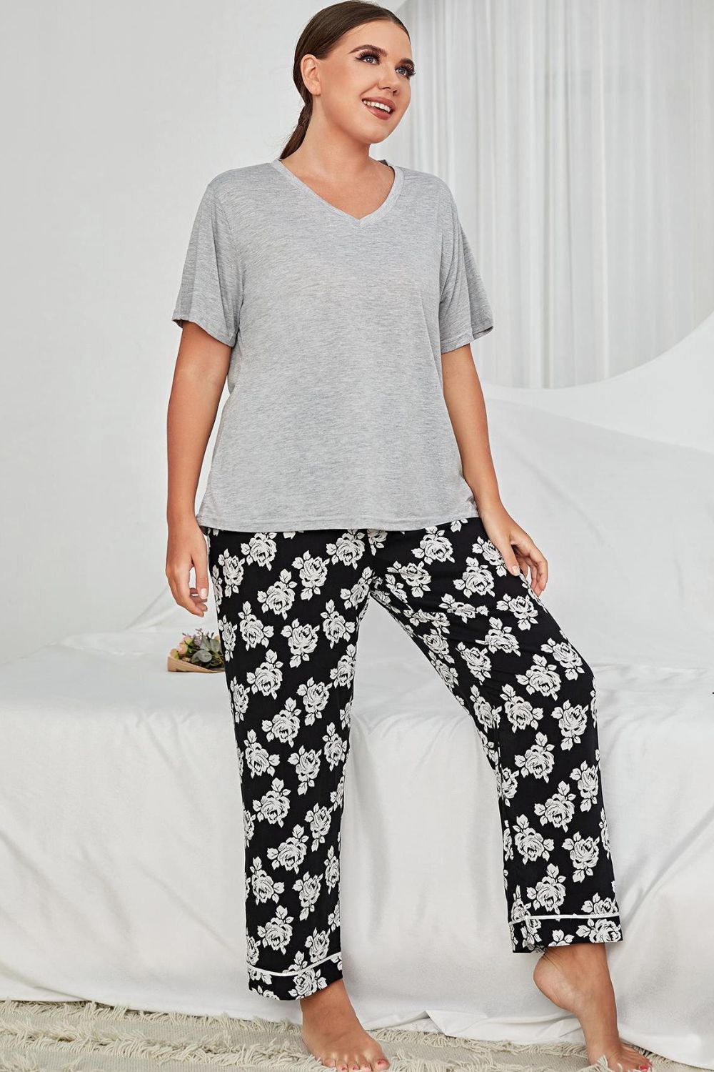 Plus Size V-Neck Tee and Floral Pants Lounge Set