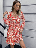 Animal Print Buttoned V-Neck Long Sleeve Dress - Fashion Bug Online