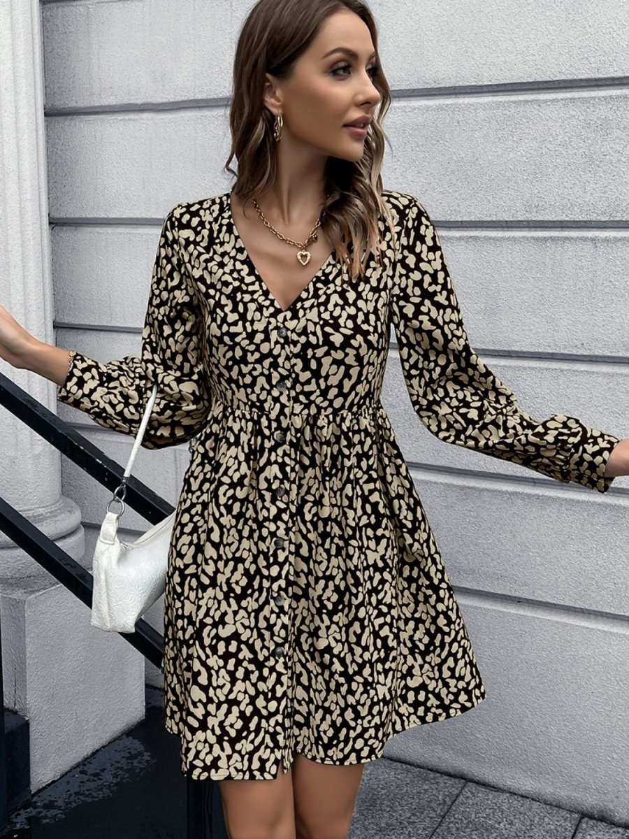 Animal Print Buttoned V-Neck Long Sleeve Dress - Fashion Bug Online