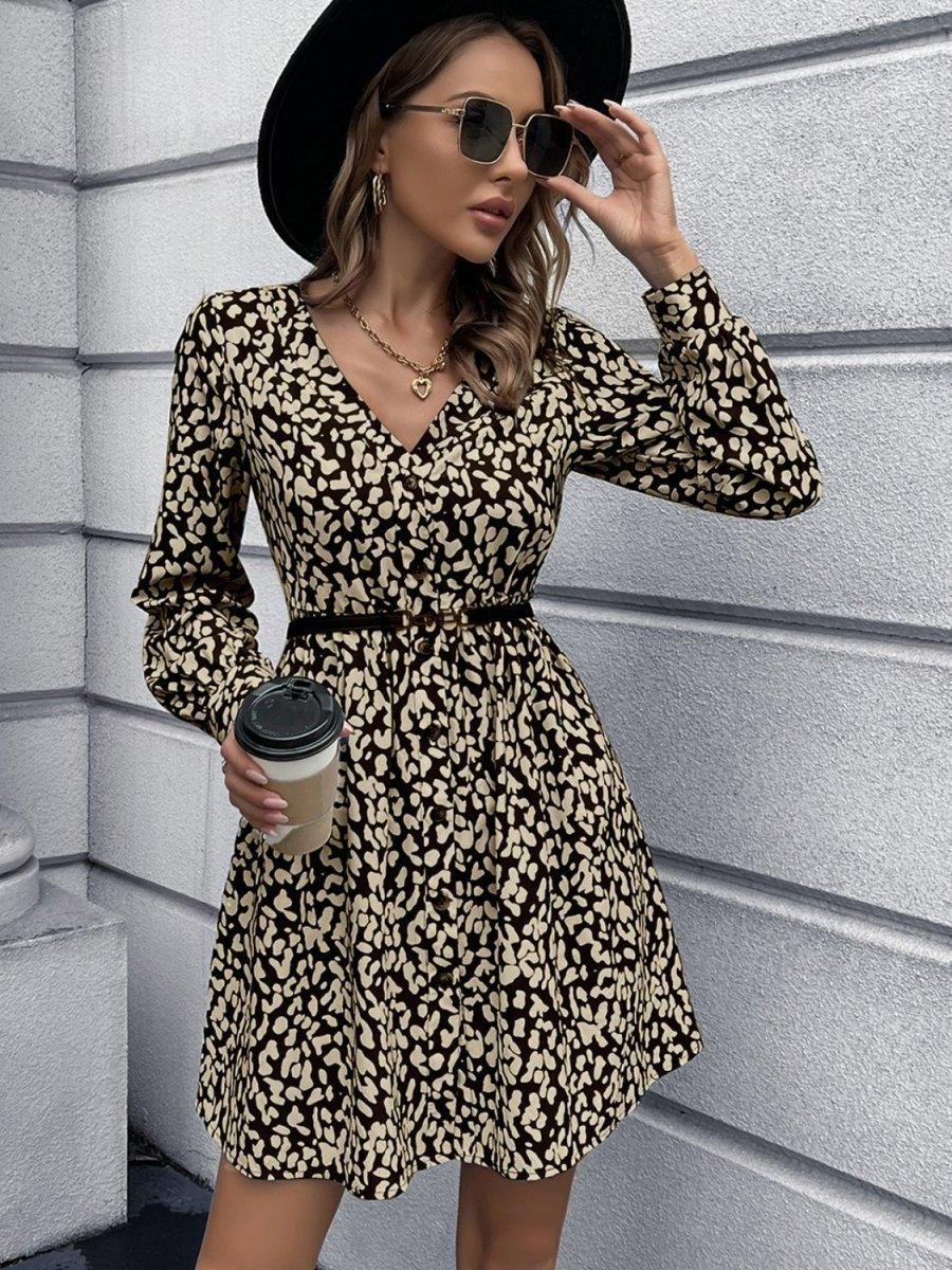 Animal Print Buttoned V-Neck Long Sleeve Dress - Fashion Bug Online