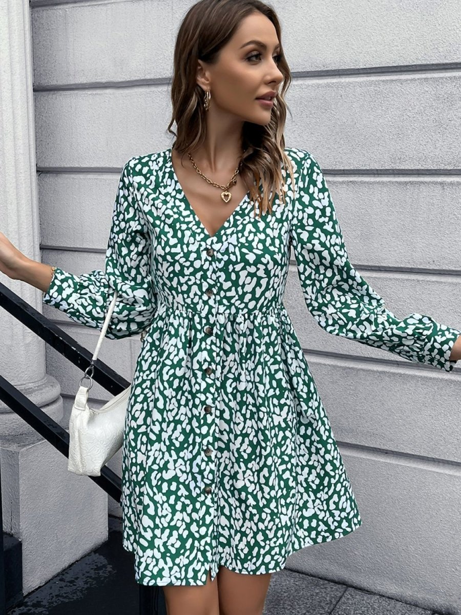 Animal Print Buttoned V-Neck Long Sleeve Dress - Fashion Bug Online