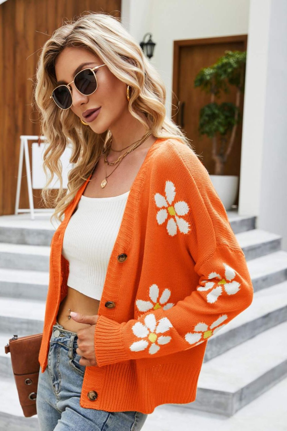 Smiley sun flower best sale blue knit sweater cardigan