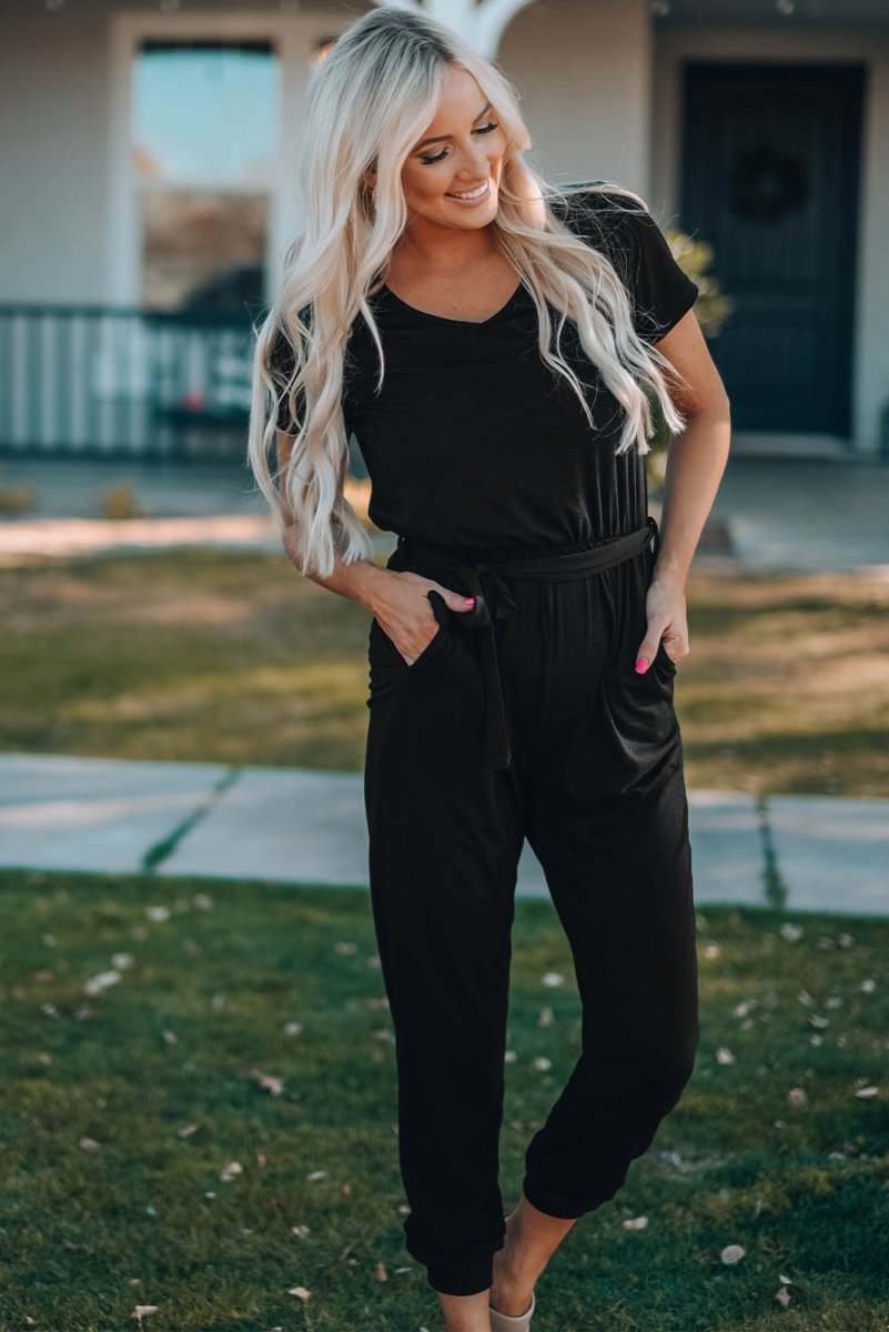 Belted V-Neck Jogger Jumpsuit - Fashion Bug Online