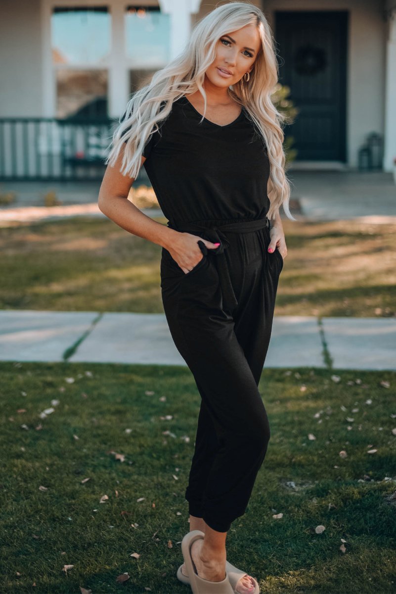 Belted V-Neck Jogger Jumpsuit - Fashion Bug Online