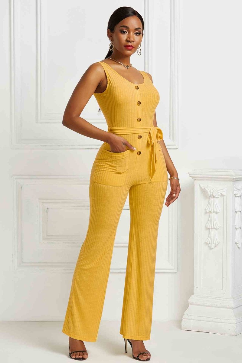 Button Detail Tie Waist Jumpsuit with Pockets - Fashion Bug Online