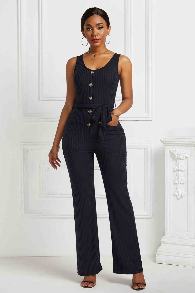 Button Detail Tie Waist Jumpsuit with Pockets - Fashion Bug Online