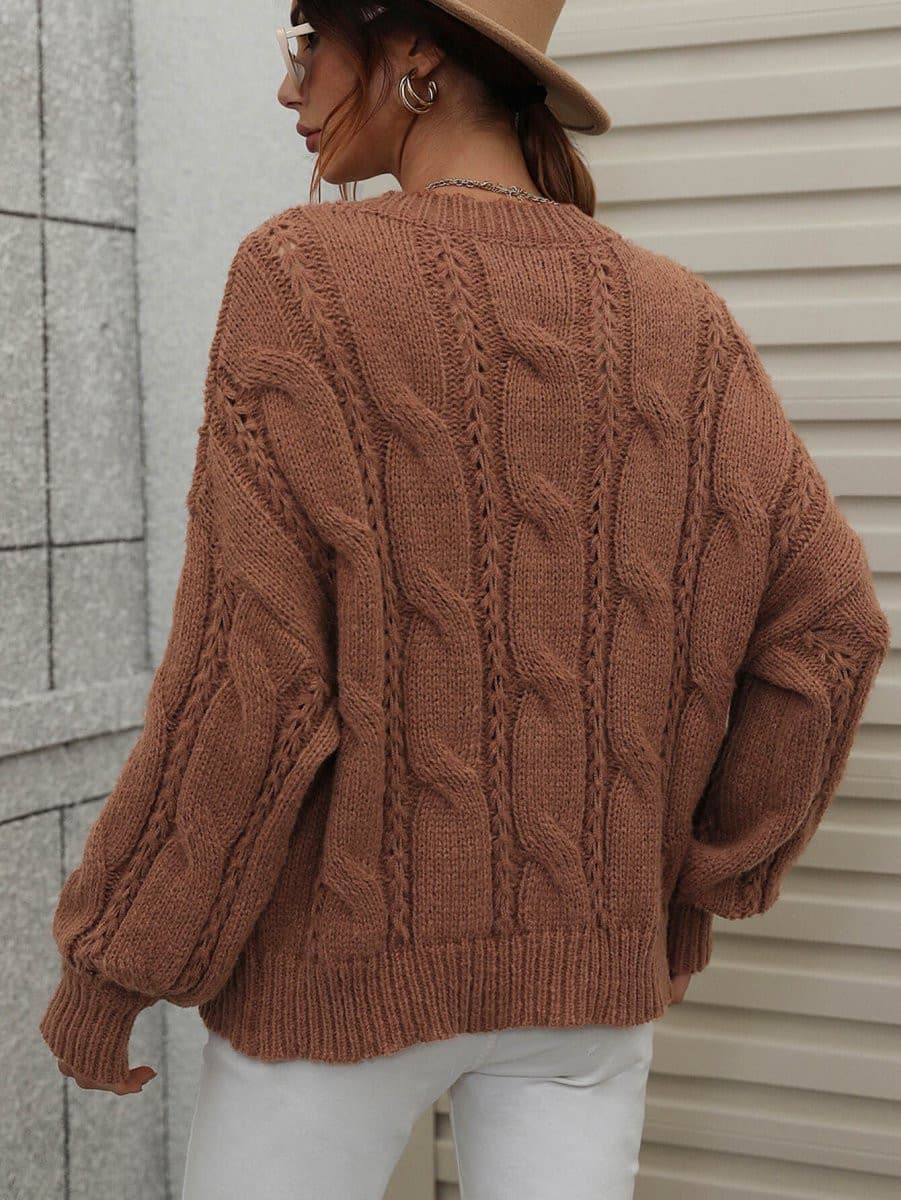 Cable-Knit Openwork Round Neck Sweater - Fashion Bug Online